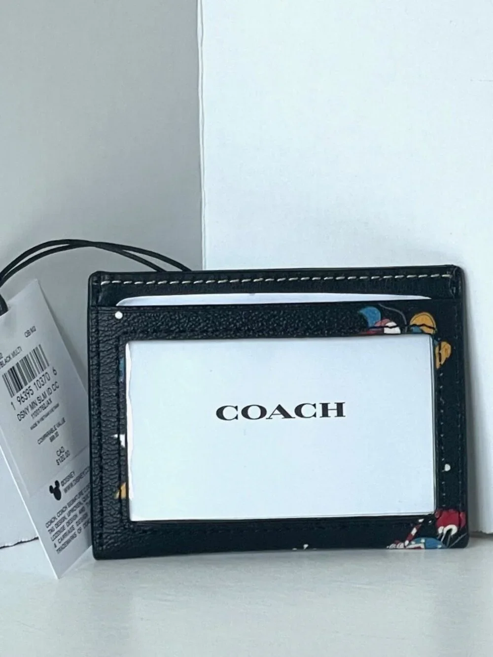 Disney x Coach Slim ID Card Case Minnie Pluto Holiday Black Leather CN032